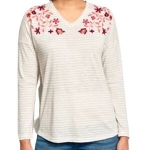 Orvis Women’s Medium Long Sleeve Cotton Shirt Tee Embroidered Stripes Floral